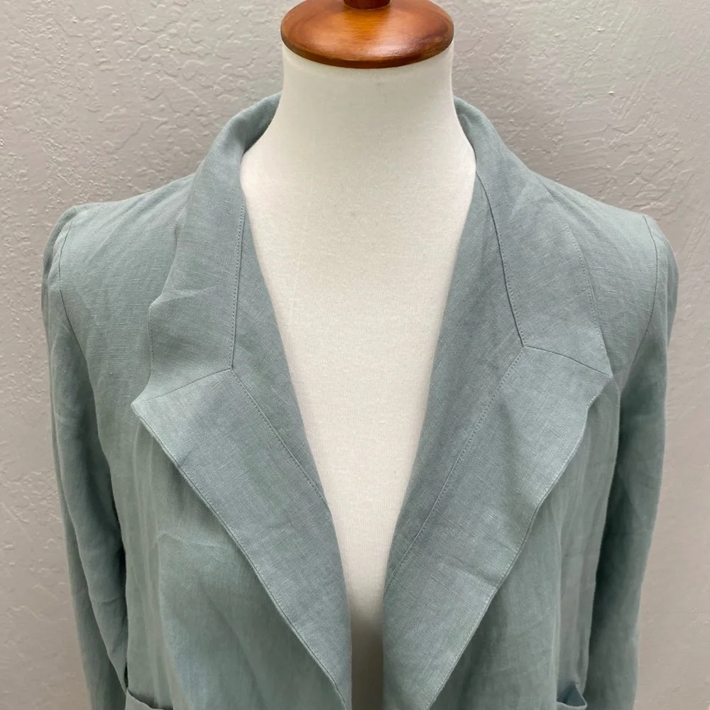 Eileen Fisher Funnel Neck Jacket Spring Linen Petite Small Tarragon Blue Green - Picture 3 of 15